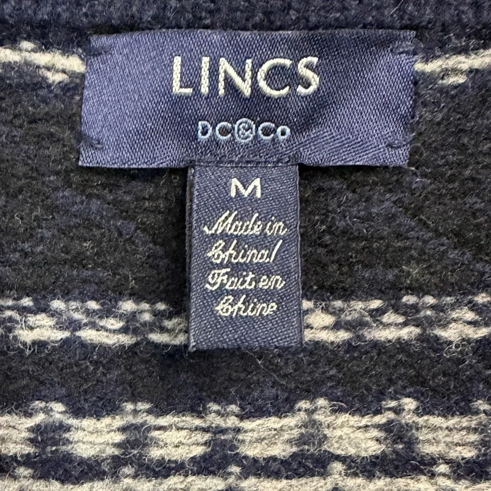 Lincs DC & Co Mens Med. Lambswool Quarter Zip Sweater Navy Blue Fair Isle Knit